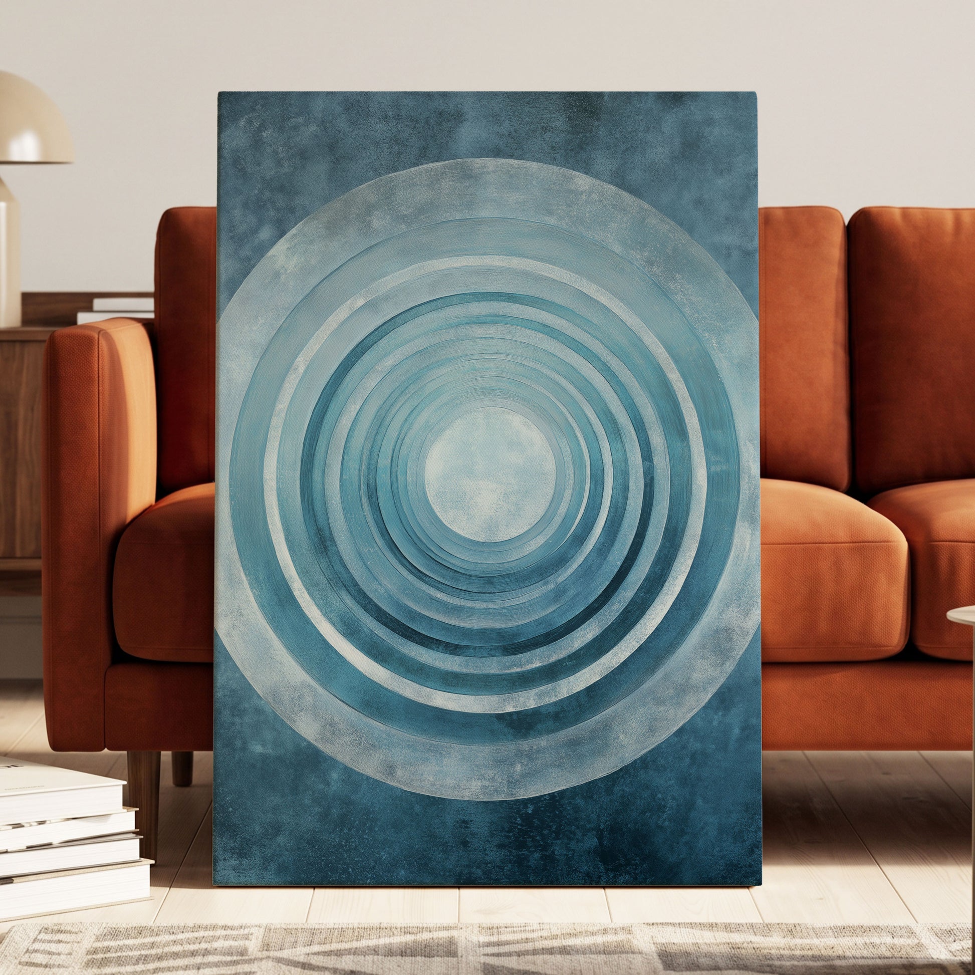Blue Echo Chamber, blue, white, gray abstract wall art displayed in a styled interior, gallery view 3