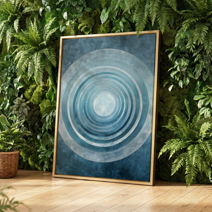 Blue Echo Chamber, blue, white, gray abstract wall art displayed in a styled interior, gallery view 4