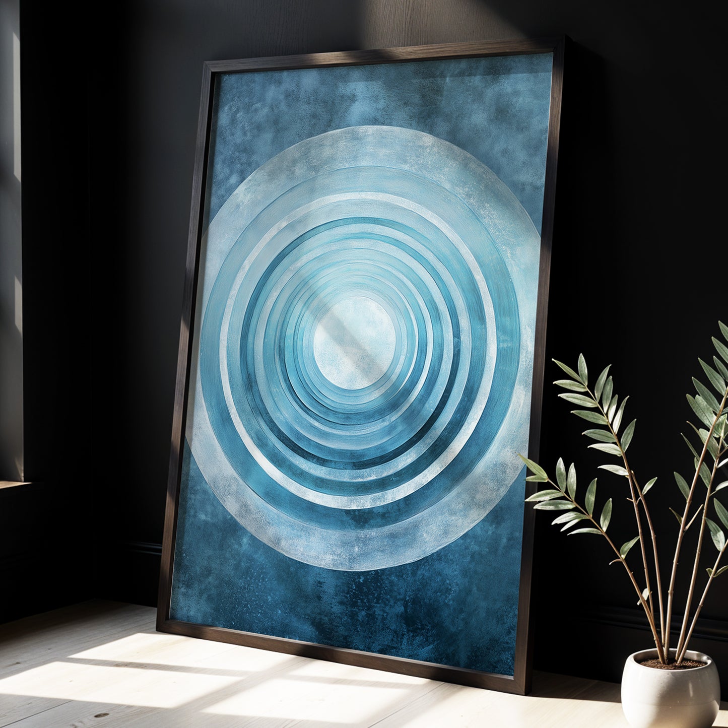 Blue Echo Chamber, blue, white, gray abstract wall art displayed in a styled interior, gallery view 6