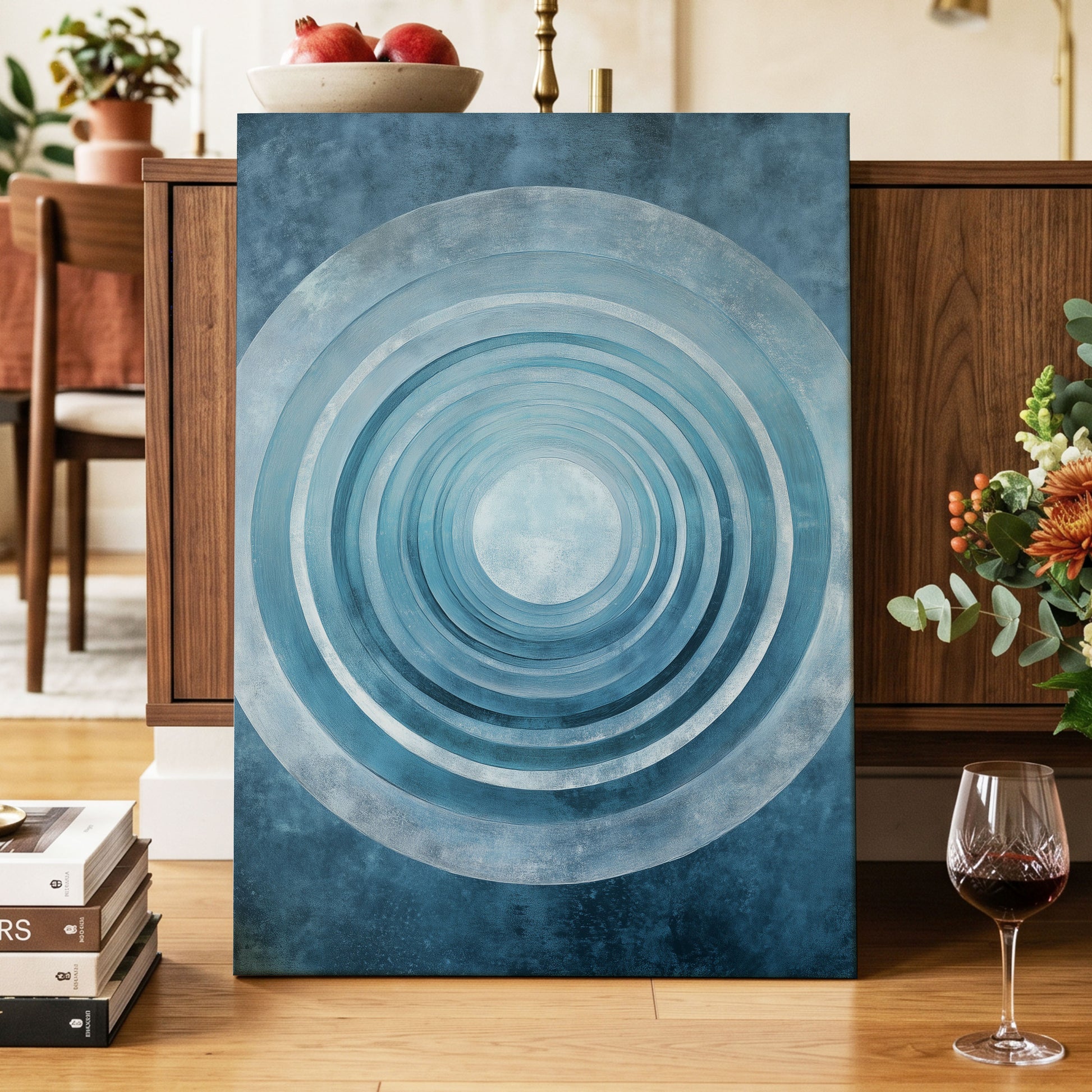 Blue Echo Chamber, blue, white, gray abstract wall art displayed in a styled interior, gallery view 7