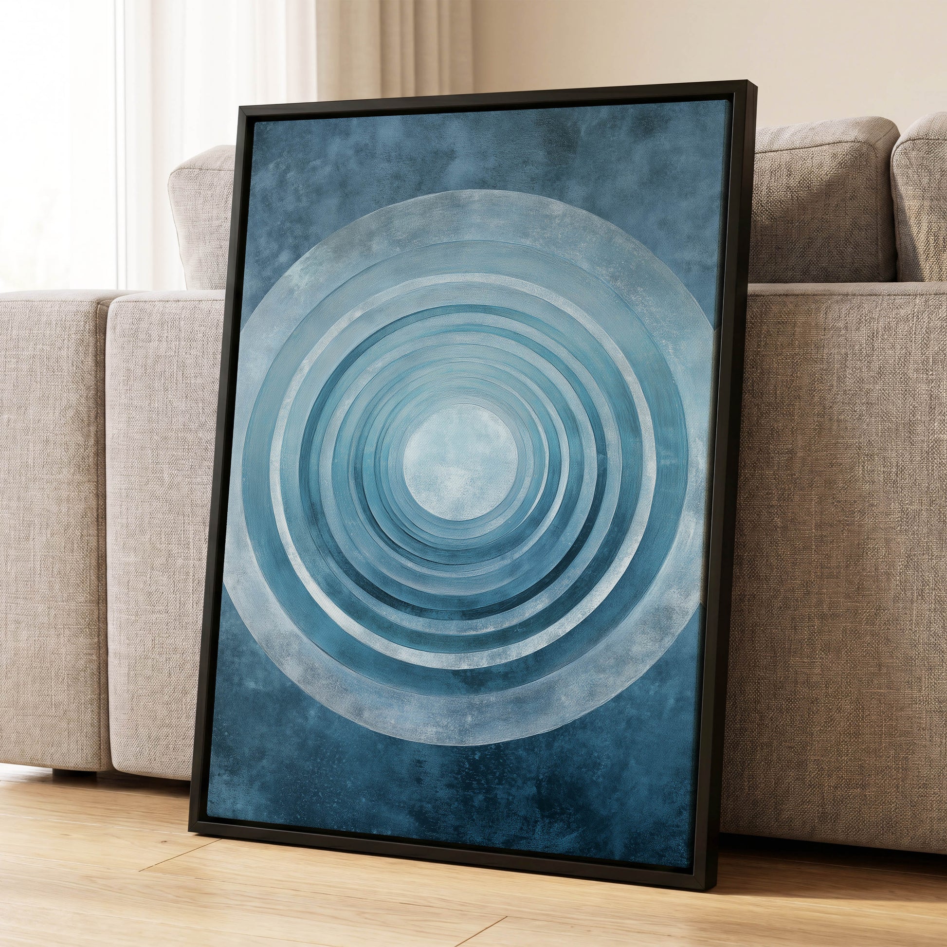 Blue Echo Chamber, blue, white, gray abstract wall art displayed in a styled interior, gallery view 8