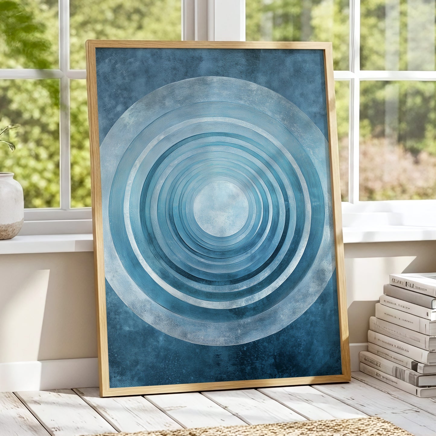 Blue Echo Chamber, blue, white, gray abstract wall art displayed in a styled interior, gallery view 9
