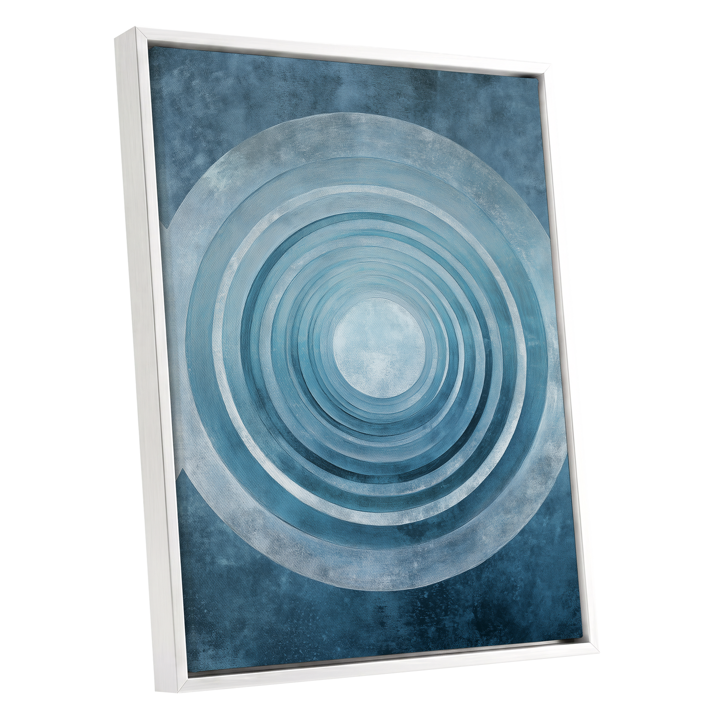 Blue Echo Chamber, blue, white, gray abstract wall art shown as a white framed canvas wall art