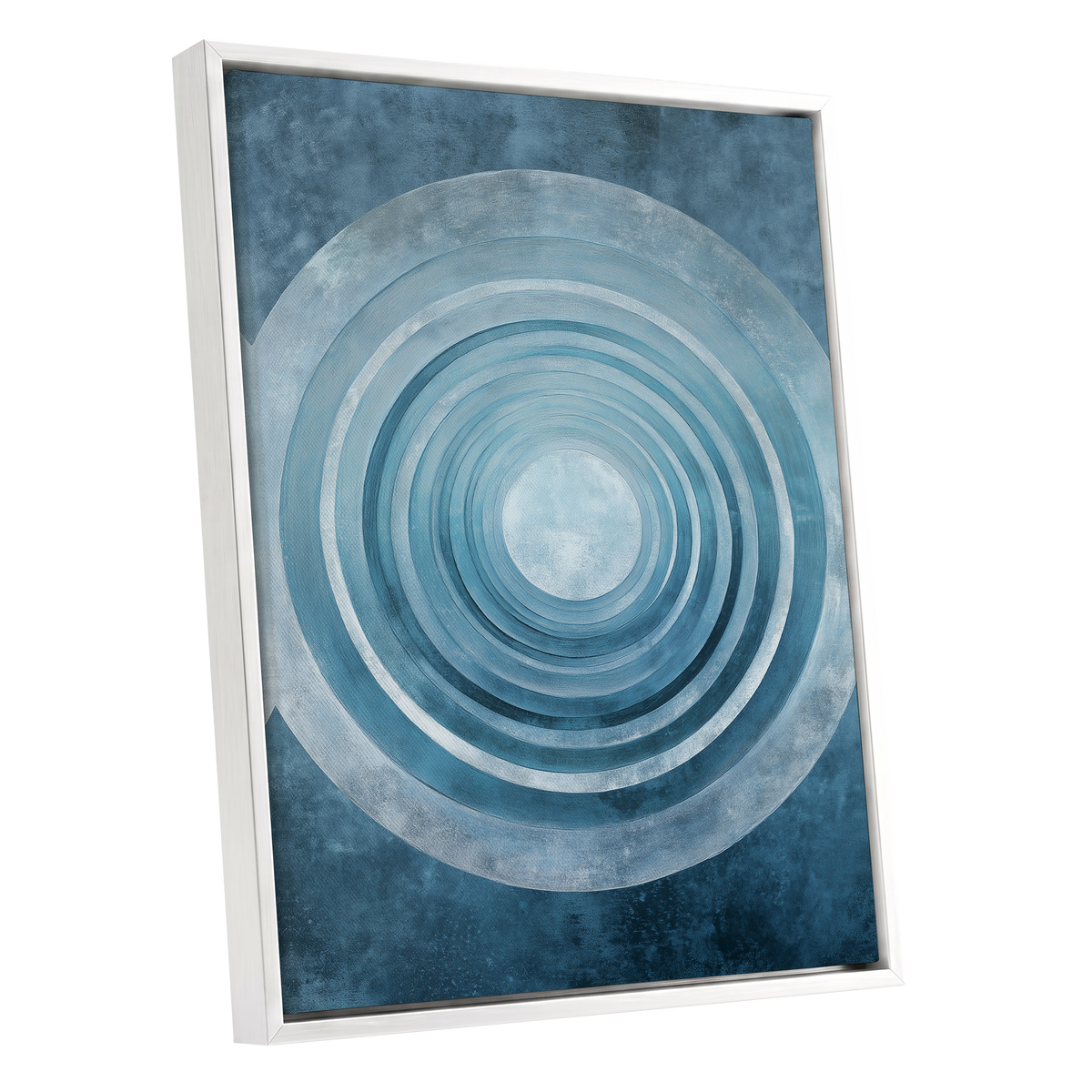 Blue Echo Chamber, blue, white, gray abstract wall art shown as a white framed canvas wall art