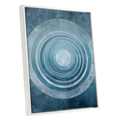 Blue Echo Chamber, blue, white, gray abstract wall art shown as a white framed canvas wall art
