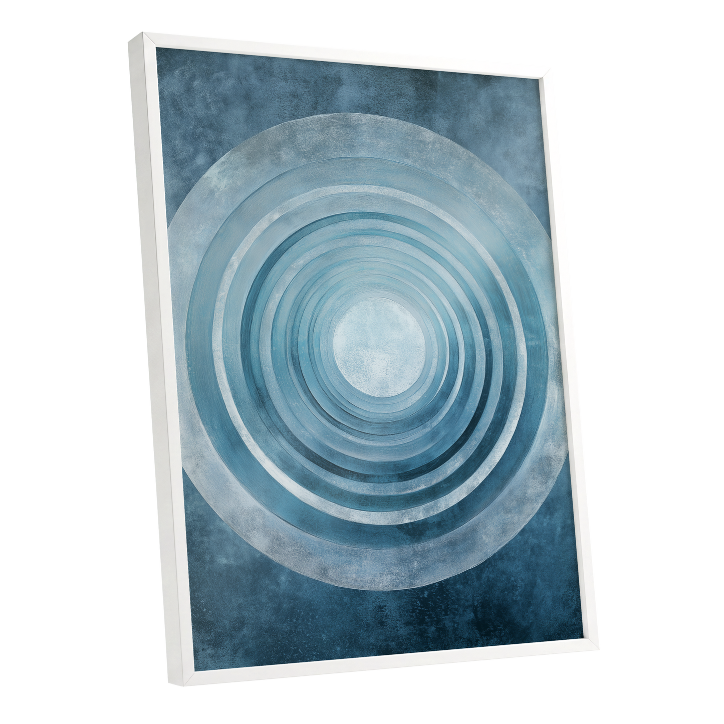Blue Echo Chamber, blue, white, gray abstract wall art shown as a white framed poster wall art print