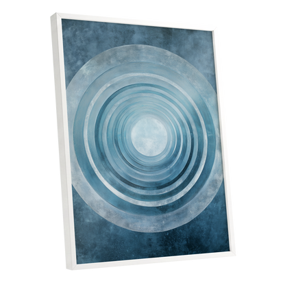 Blue Echo Chamber, blue, white, gray abstract wall art shown as a white framed poster wall art print