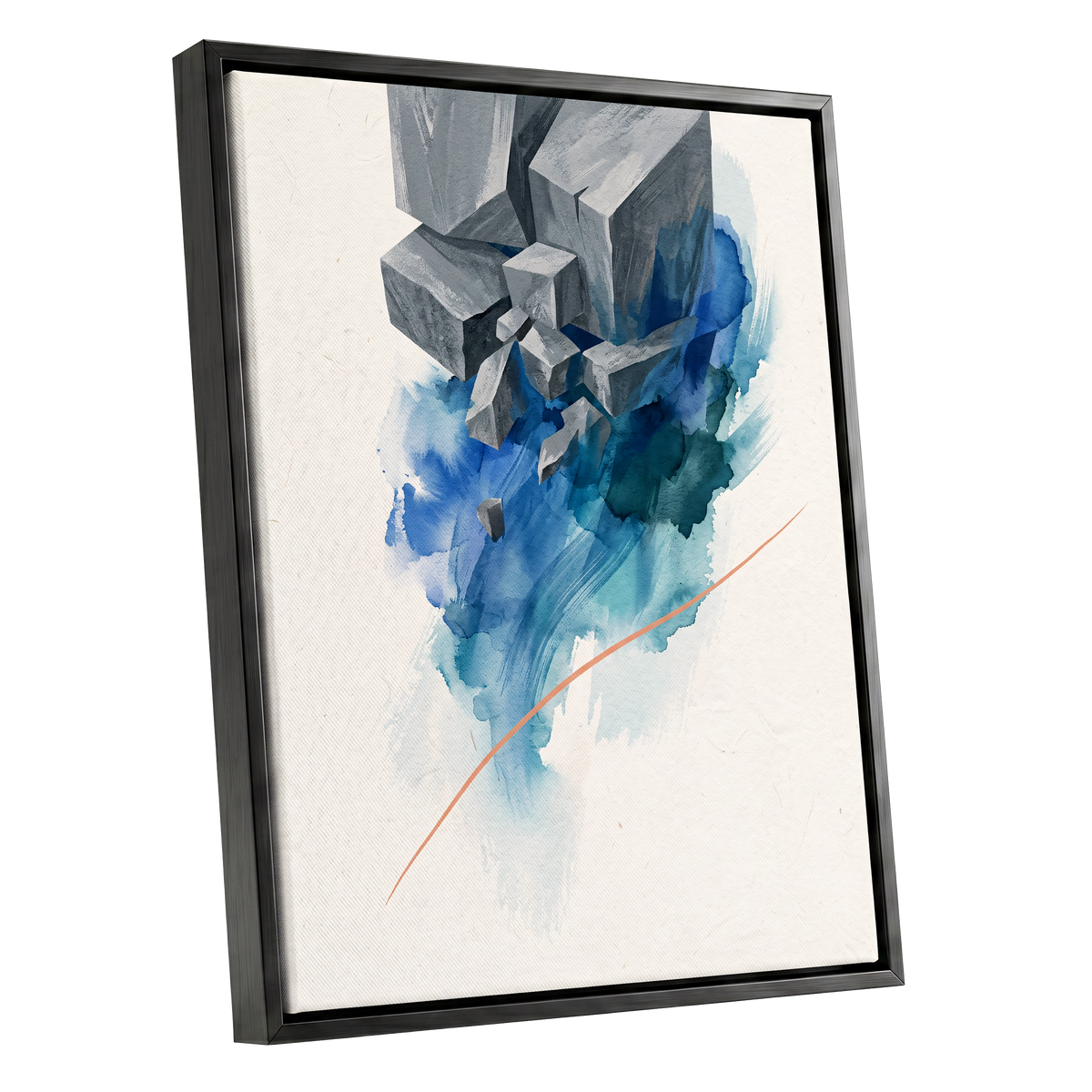 Blue Faultline, blue, gray, beige abstract wall art shown as a black framed canvas wall art