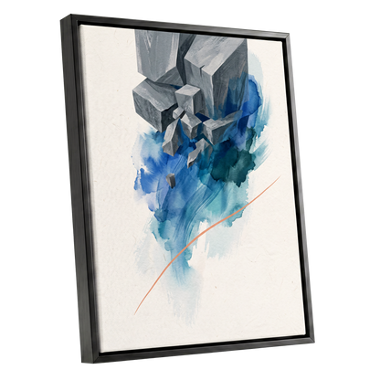 Blue Faultline, blue, gray, beige abstract wall art shown as a black framed canvas wall art