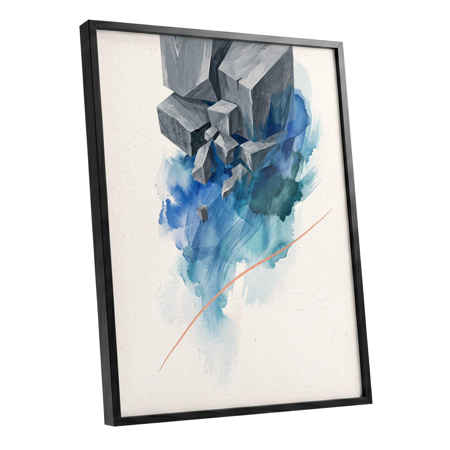 Blue Faultline, blue, gray, beige abstract wall art shown as a black framed poster wall art print