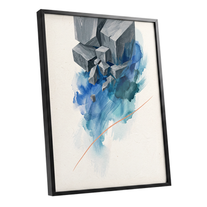 Blue Faultline, blue, gray, beige abstract wall art shown as a black framed poster wall art print