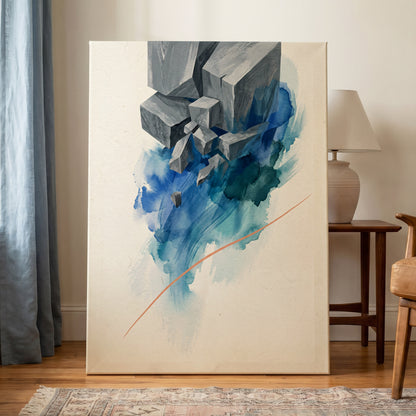 Blue Faultline, blue, gray, beige abstract wall art on canvas displayed in a styled interior, gallery view 1