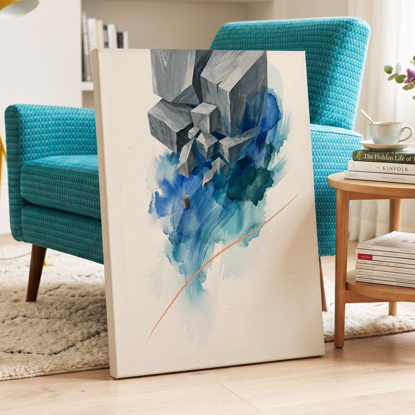 Blue Faultline, blue, gray, beige abstract wall art on canvas displayed in a styled interior, gallery view 2