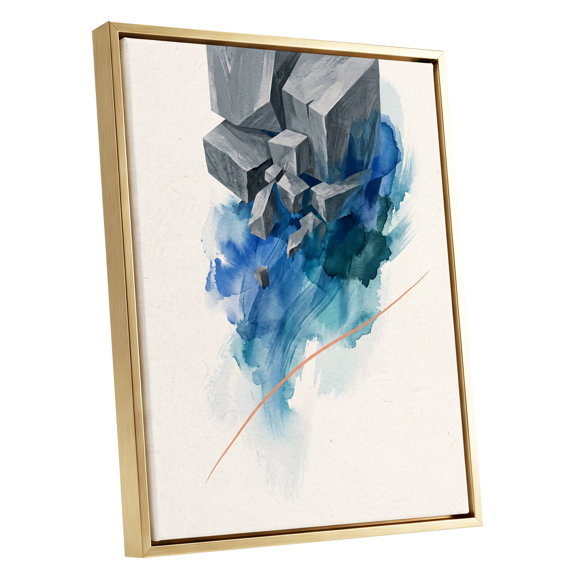 Blue Faultline, blue, gray, beige abstract wall art shown as a gold framed canvas wall art