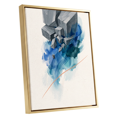 Blue Faultline, blue, gray, beige abstract wall art shown as a gold framed canvas wall art