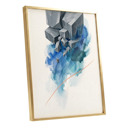 Blue Faultline, blue, gray, beige abstract wall art shown as a gold framed poster wall art print