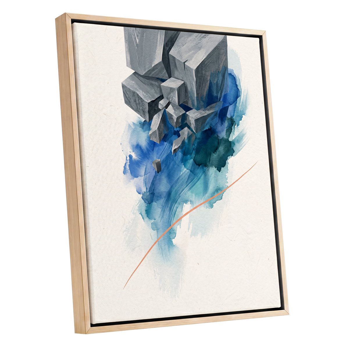Blue Faultline, blue, gray, beige abstract wall art shown as a oak framed canvas wall art