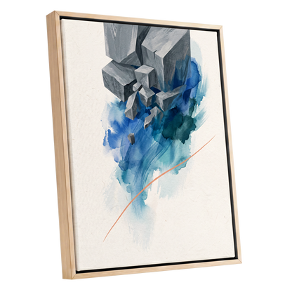Blue Faultline, blue, gray, beige abstract wall art shown as a oak framed canvas wall art