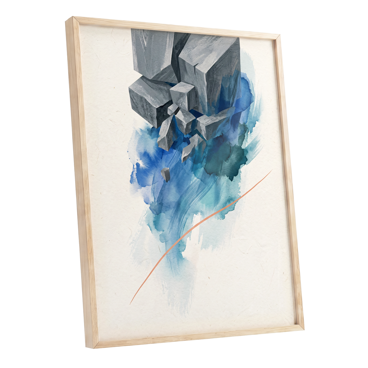 Blue Faultline, blue, gray, beige abstract wall art shown as a oak framed poster wall art print