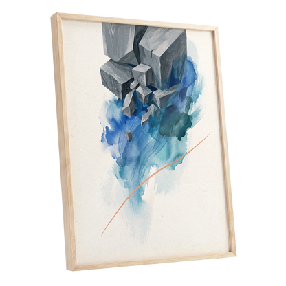 Blue Faultline, blue, gray, beige abstract wall art shown as a oak framed poster wall art print