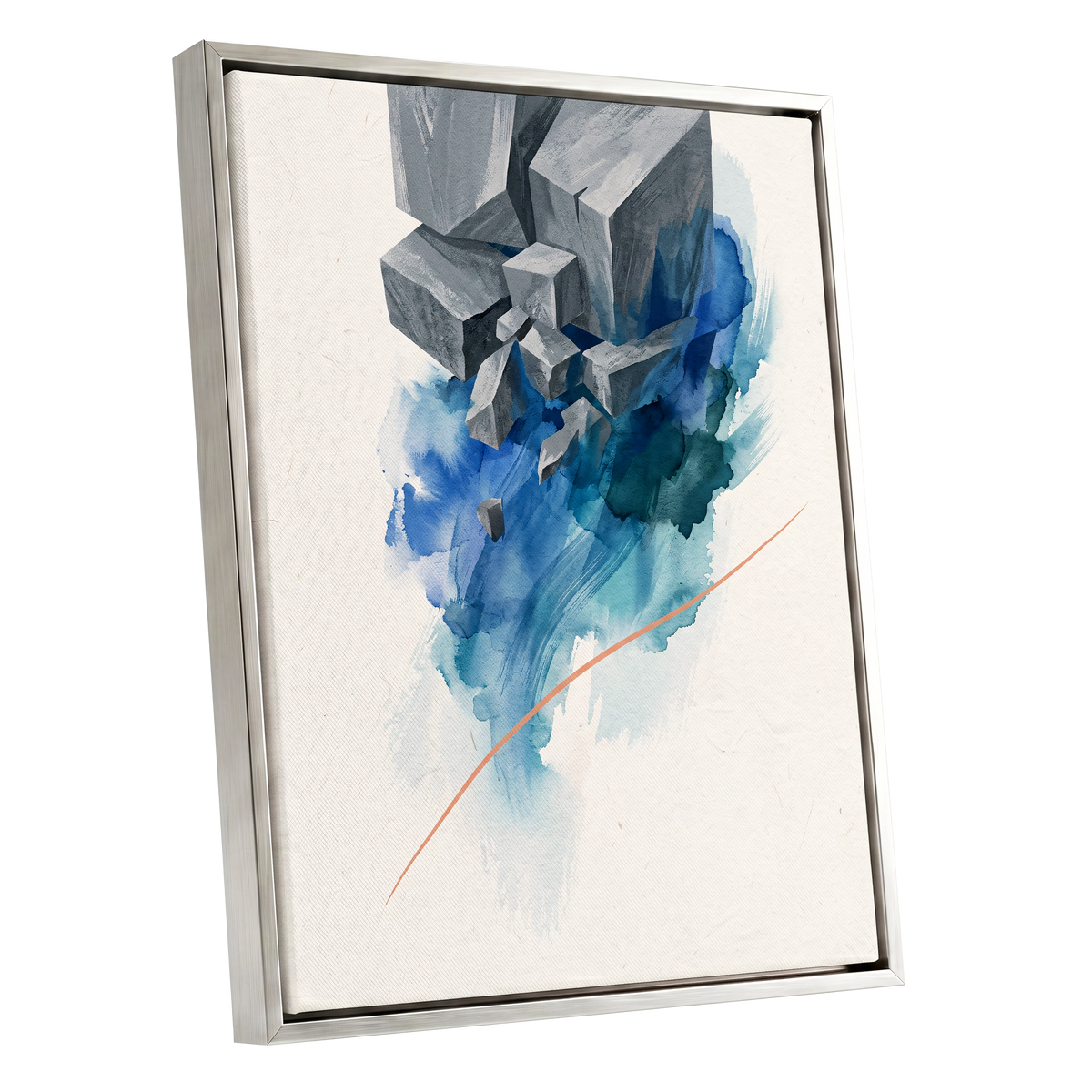Blue Faultline, blue, gray, beige abstract wall art shown as a silver framed canvas wall art