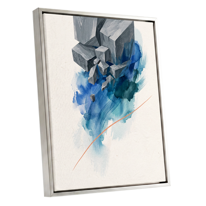 Blue Faultline, blue, gray, beige abstract wall art shown as a silver framed canvas wall art
