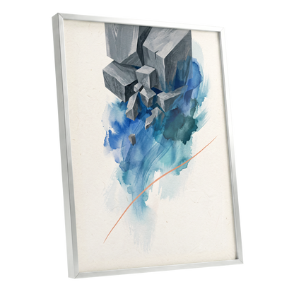 Blue Faultline, blue, gray, beige abstract wall art shown as a silver framed poster wall art print