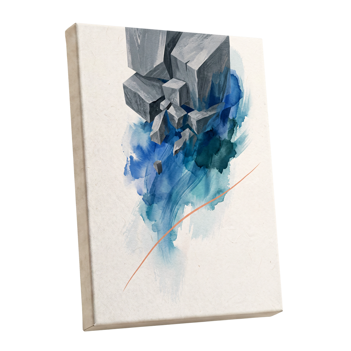 Blue Faultline, blue, gray, beige abstract wall art shown as a stretched canvas wall art