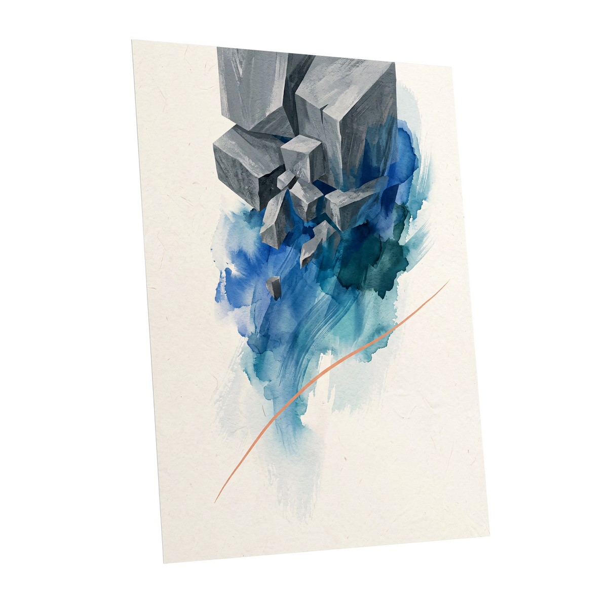 Blue Faultline, blue, gray, beige abstract wall art shown as a unframed poster wall art print
