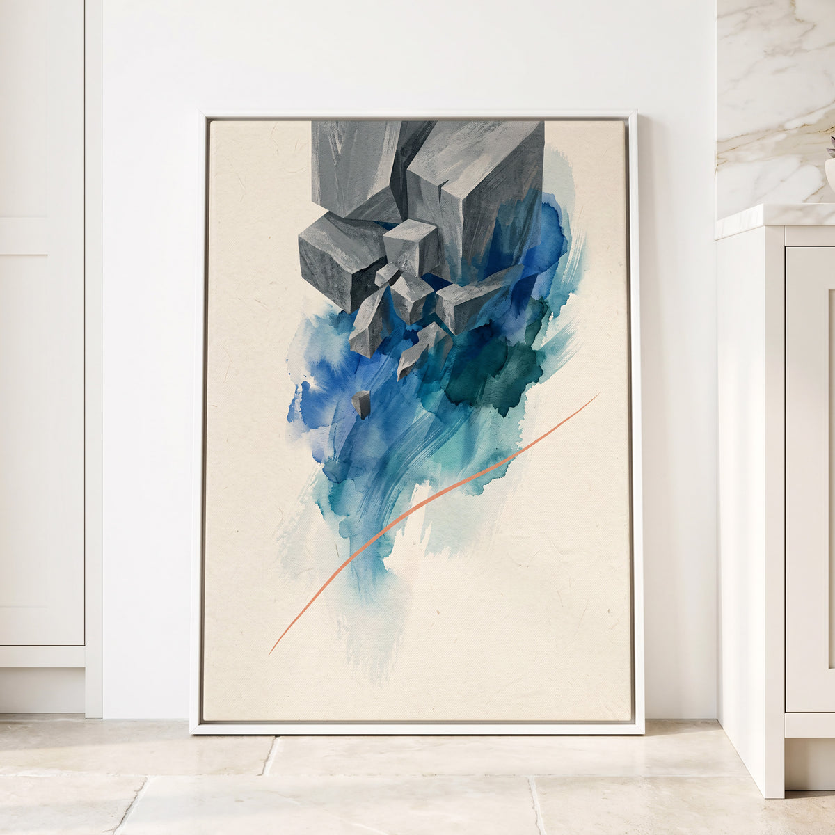 Blue Faultline, blue, gray, beige abstract wall art displayed in a styled interior, gallery view 1