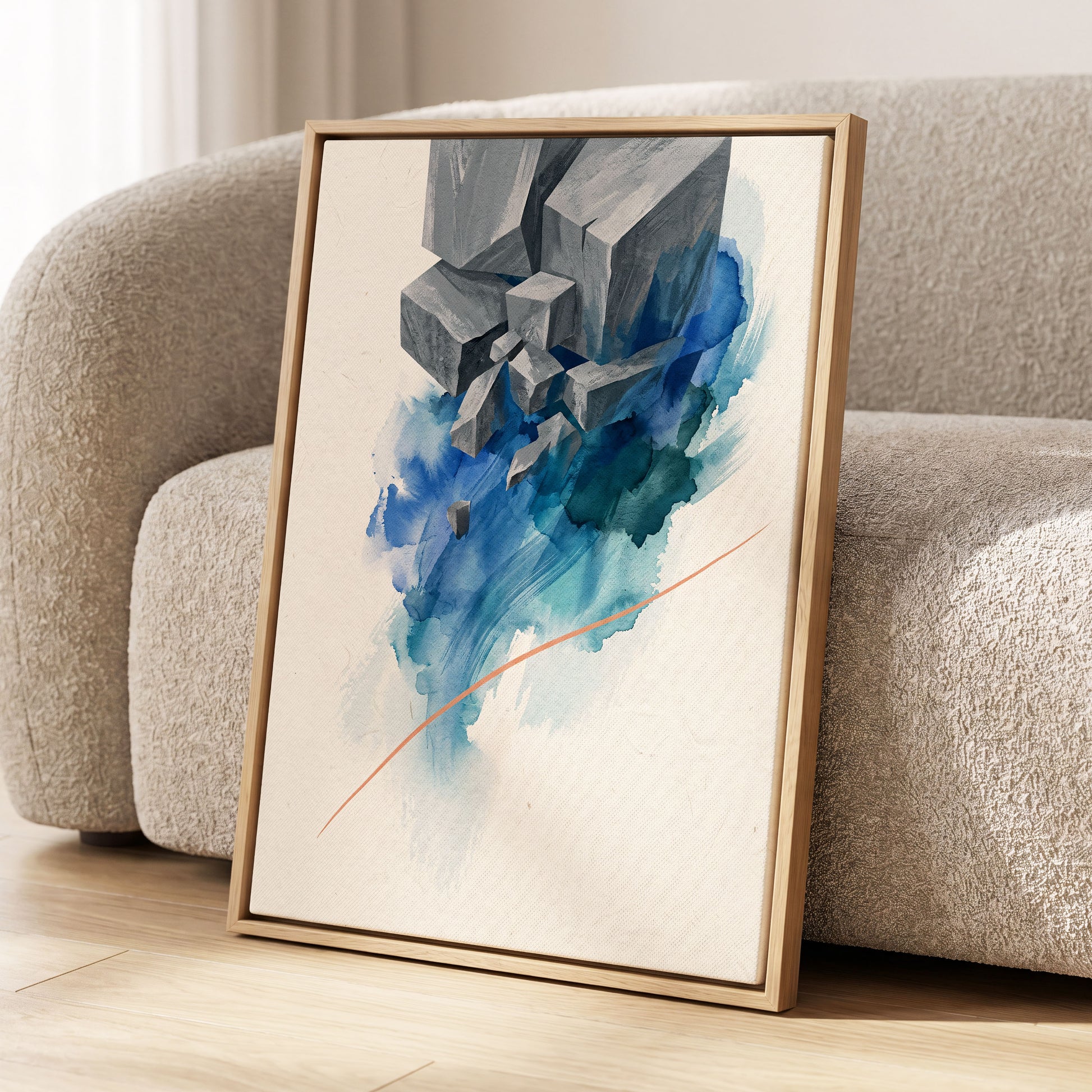 Blue Faultline, blue, gray, beige abstract wall art displayed in a styled interior, gallery view 2