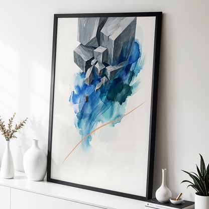 Blue Faultline, blue, gray, beige abstract wall art displayed in a styled interior, gallery view 3