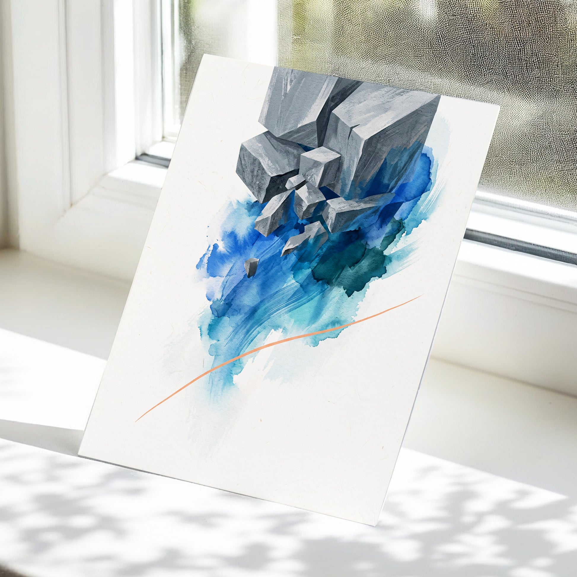 Blue Faultline, blue, gray, beige abstract wall art displayed in a styled interior, gallery view 5