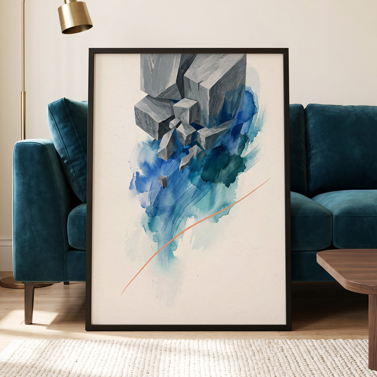 Blue Faultline, blue, gray, beige abstract wall art displayed in a styled interior, gallery view 6