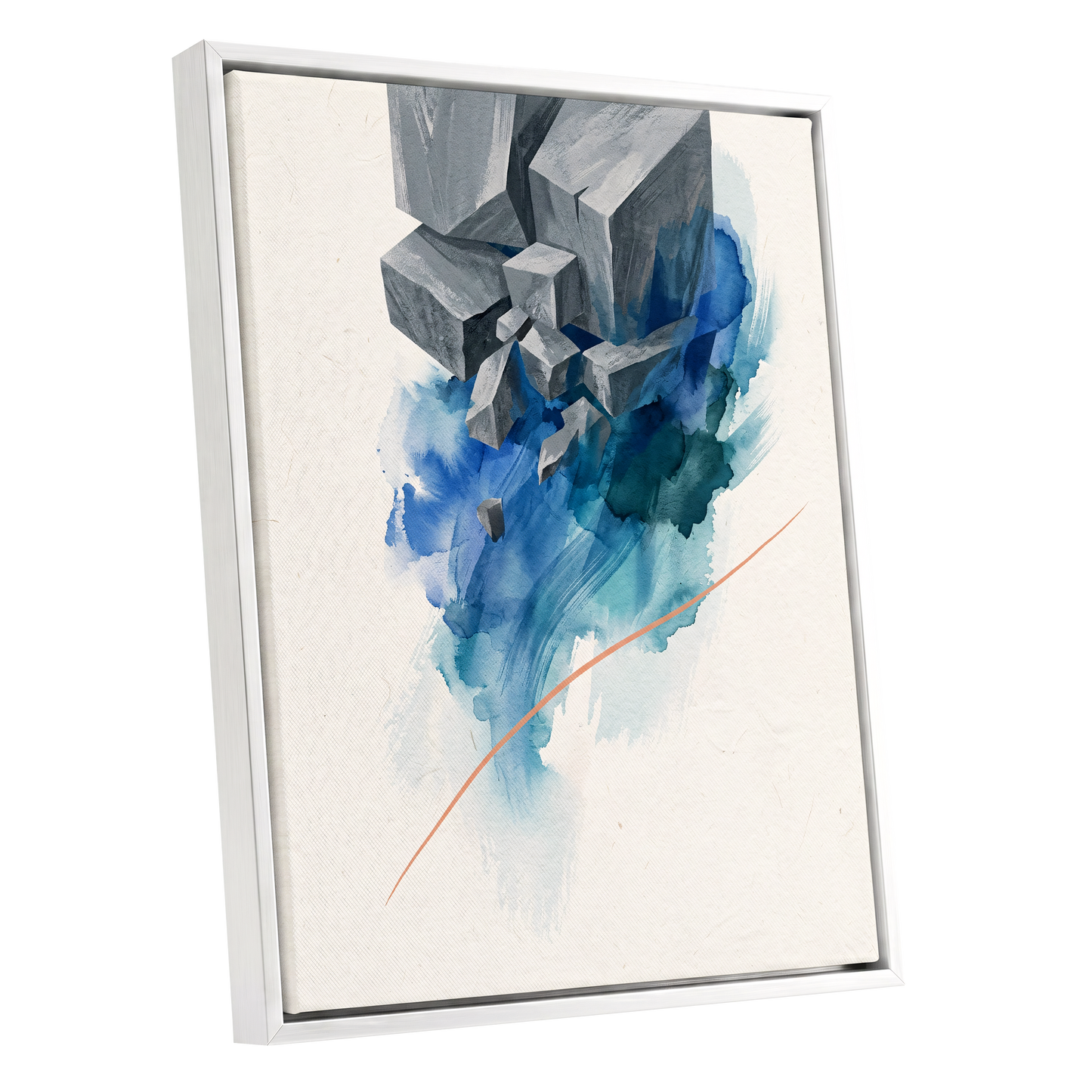 Blue Faultline, blue, gray, beige abstract wall art shown as a white framed canvas wall art