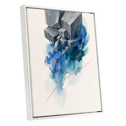 Blue Faultline, blue, gray, beige abstract wall art shown as a white framed canvas wall art