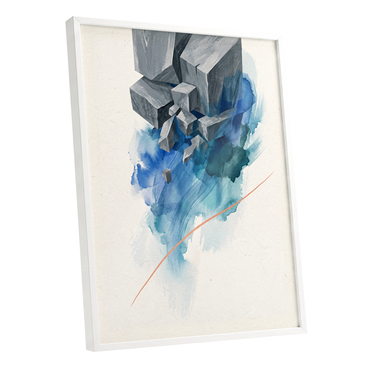 Blue Faultline, blue, gray, beige abstract wall art shown as a white framed poster wall art print