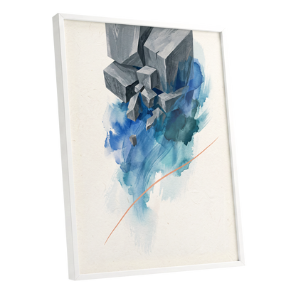 Blue Faultline, blue, gray, beige abstract wall art shown as a white framed poster wall art print