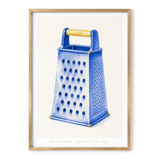 Blue Grater Study, blue, beige, white minimalist wall art, front artwork view