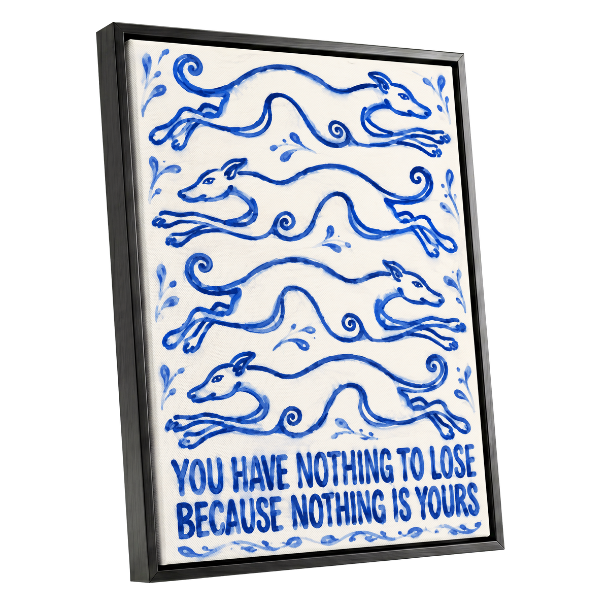 Blue Hounds, Bold Words, blue, beige, white nature wall art shown as a black framed canvas wall art