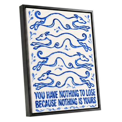 Blue Hounds, Bold Words, blue, beige, white nature wall art shown as a black framed canvas wall art