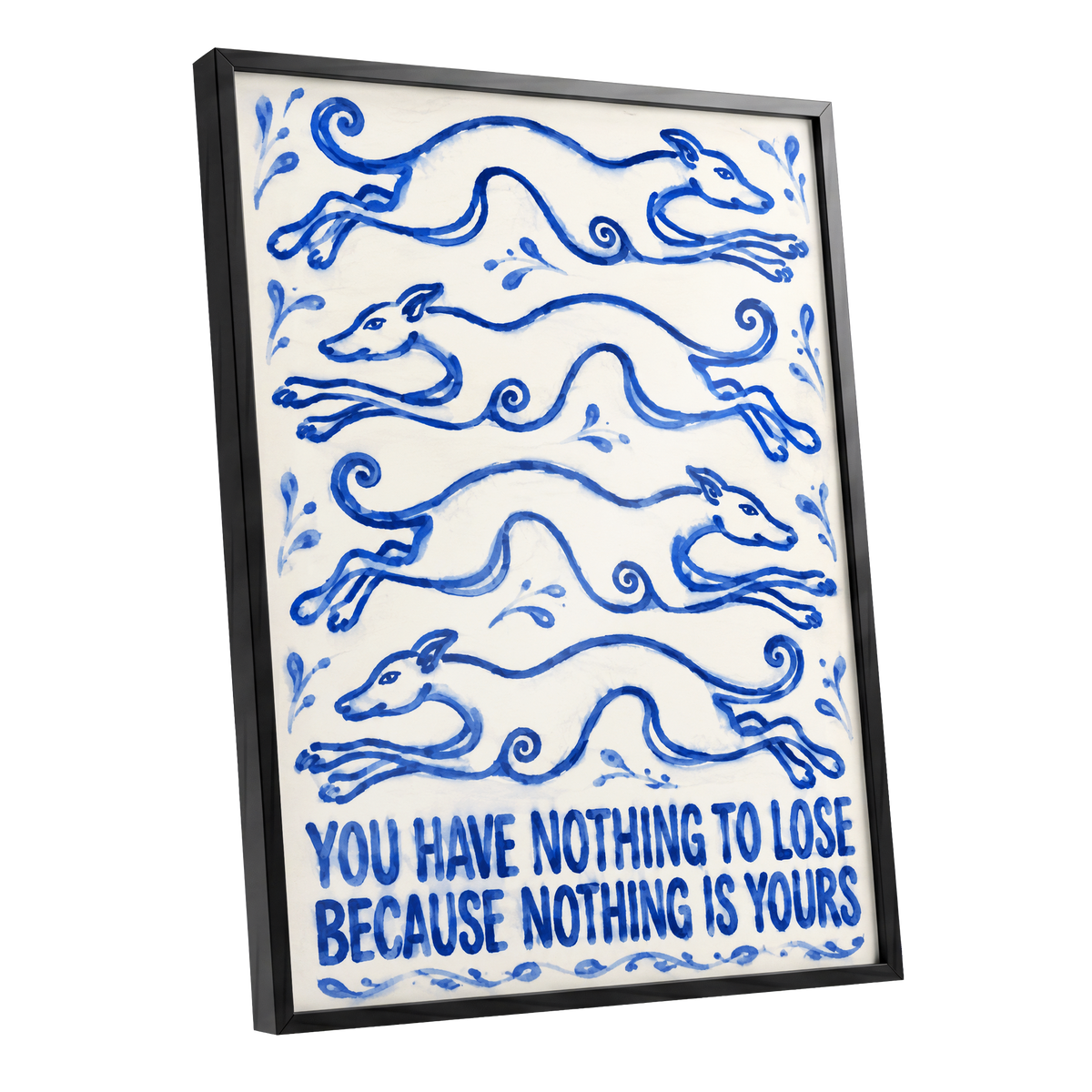Blue Hounds, Bold Words, blue, beige, white nature wall art shown as a black framed poster wall art print