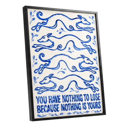 Blue Hounds, Bold Words, blue, beige, white nature wall art shown as a black framed poster wall art print