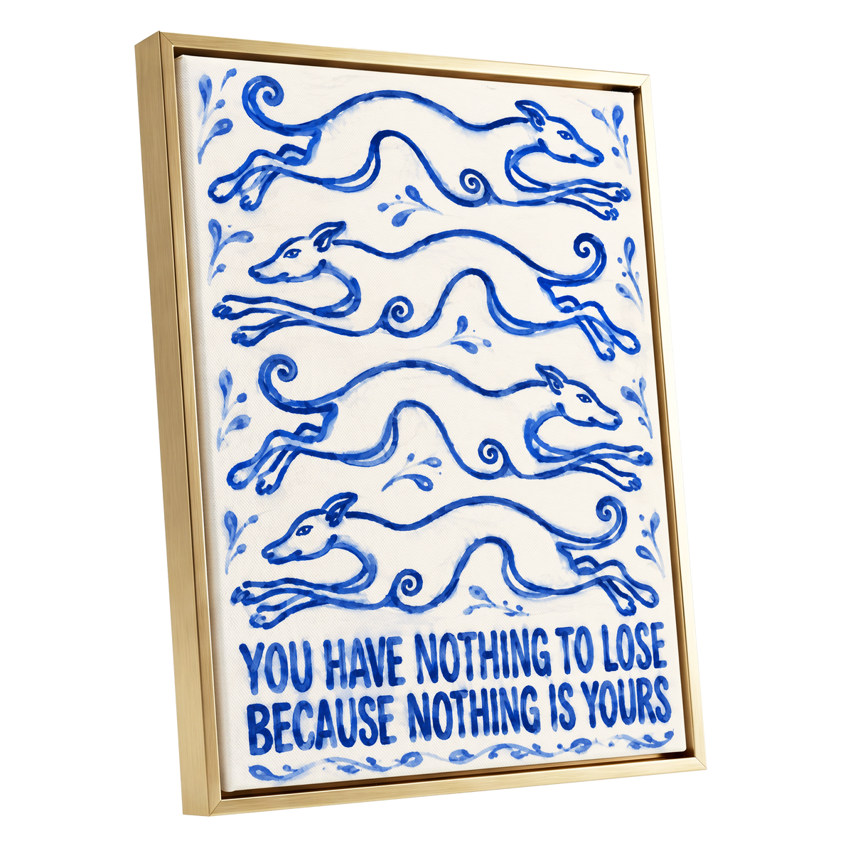 Blue Hounds, Bold Words, blue, beige, white nature wall art shown as a gold framed canvas wall art