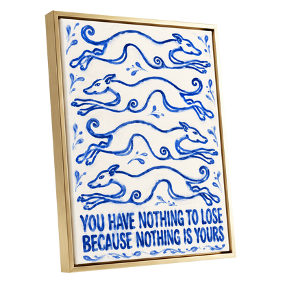 Blue Hounds, Bold Words, blue, beige, white nature wall art shown as a gold framed canvas wall art