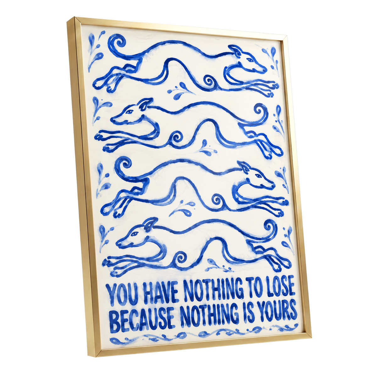 Blue Hounds, Bold Words, blue, beige, white nature wall art shown as a gold framed poster wall art print