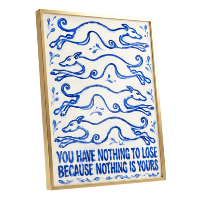 Blue Hounds, Bold Words, blue, beige, white nature wall art shown as a gold framed poster wall art print