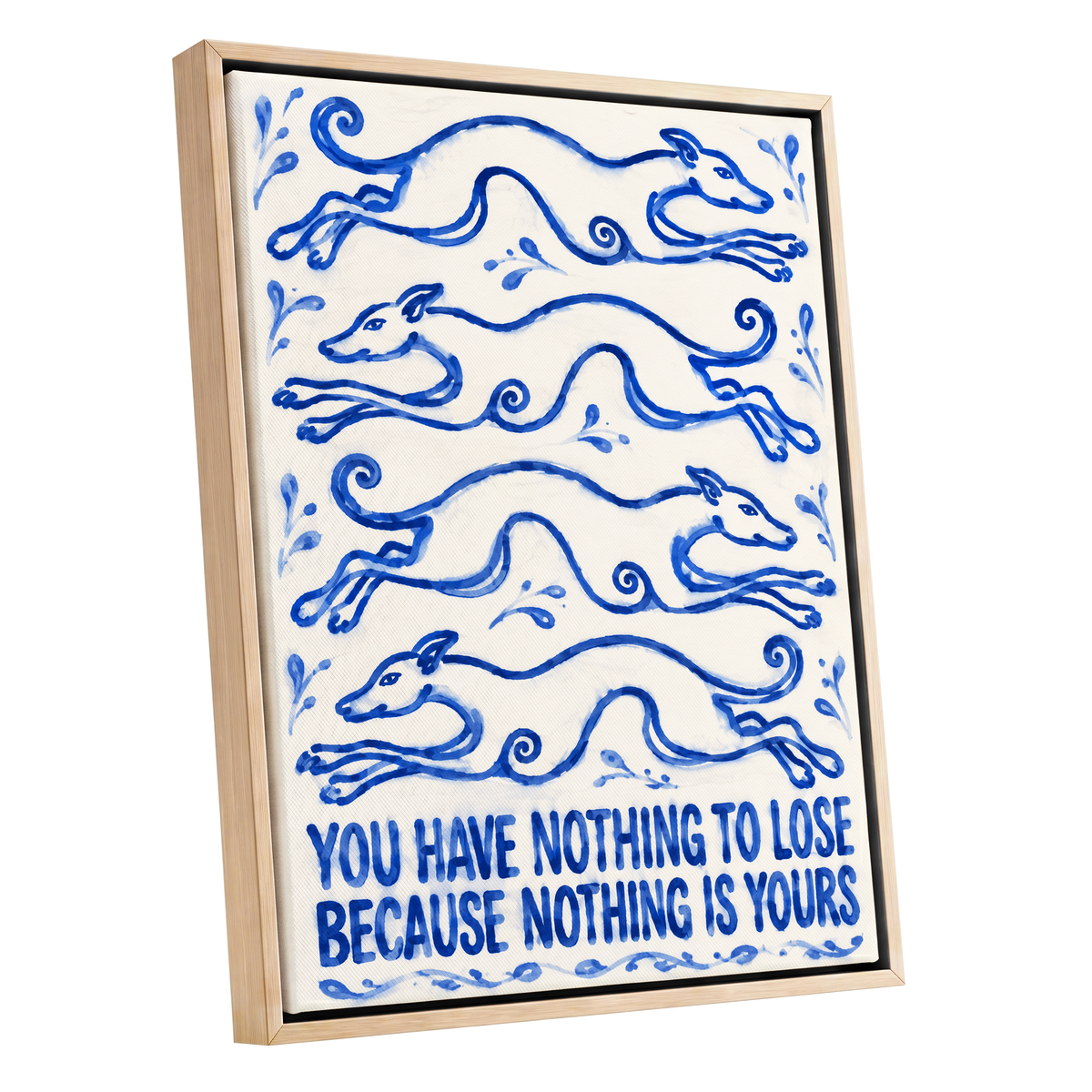 Blue Hounds, Bold Words, blue, beige, white nature wall art shown as a oak framed canvas wall art