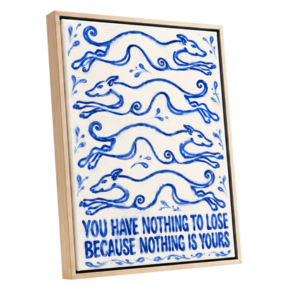 Blue Hounds, Bold Words, blue, beige, white nature wall art shown as a oak framed canvas wall art