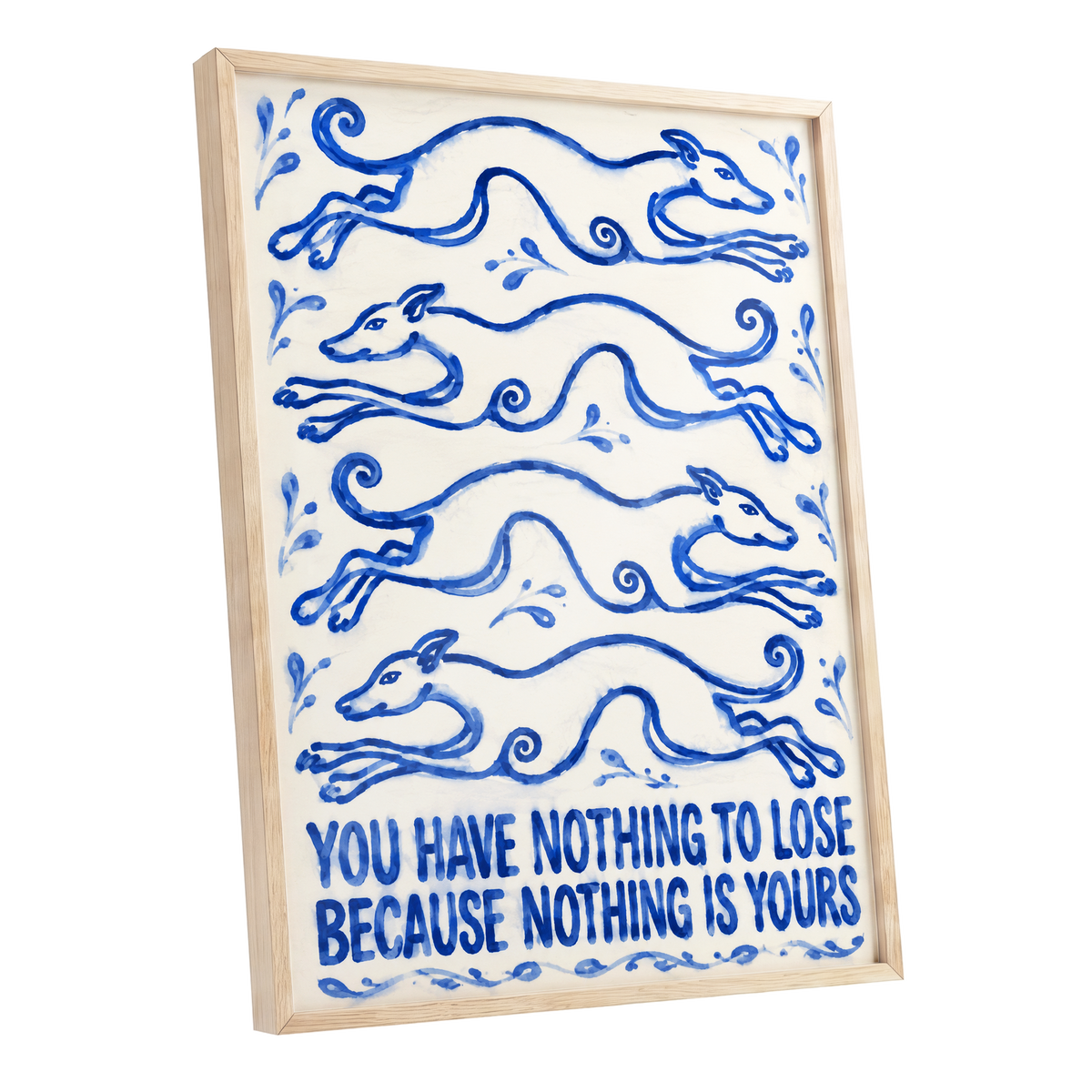 Blue Hounds, Bold Words, blue, beige, white nature wall art shown as a oak framed poster wall art print